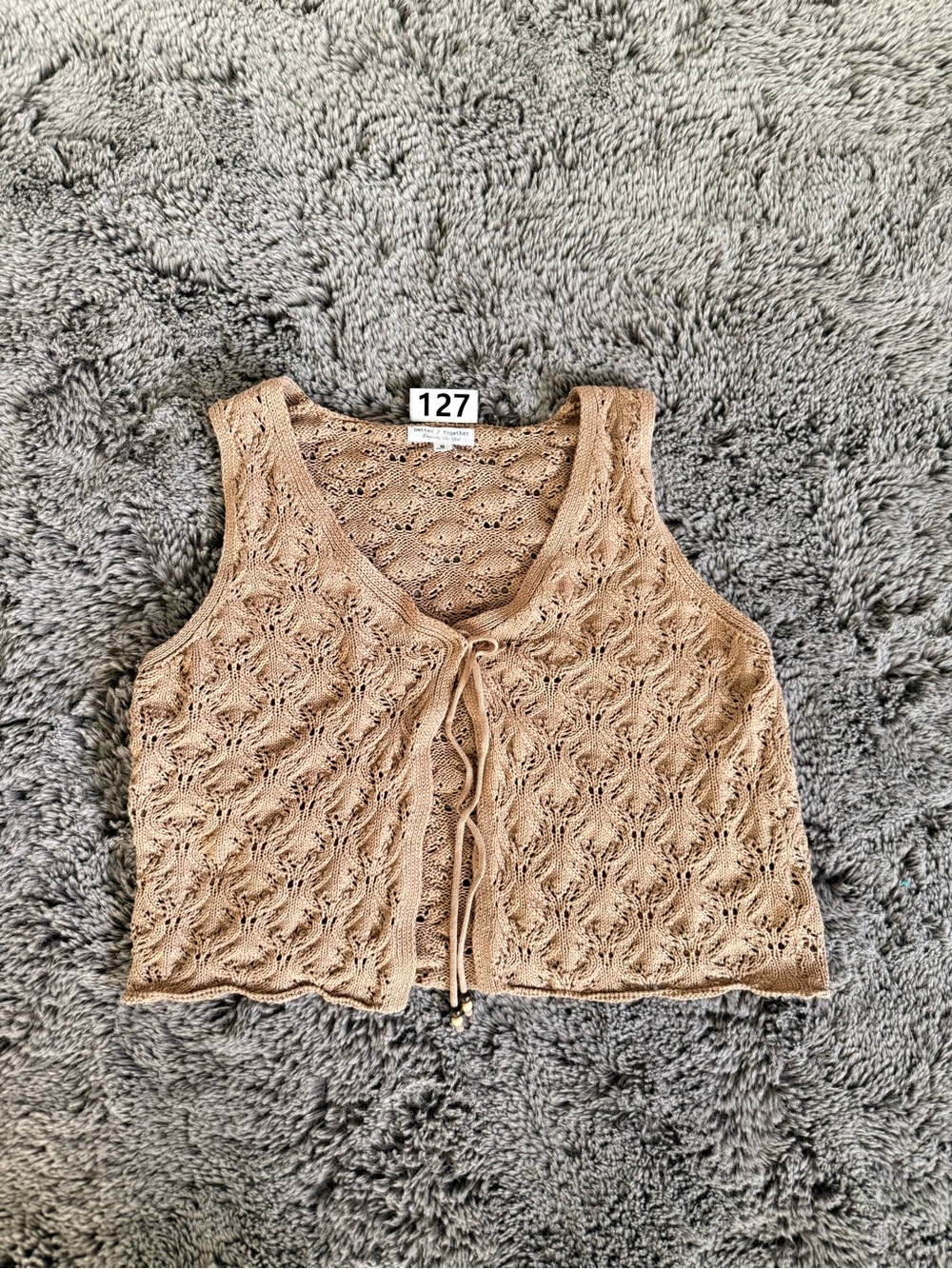 Knit Crochet Tie-Front Crop Top - Beige